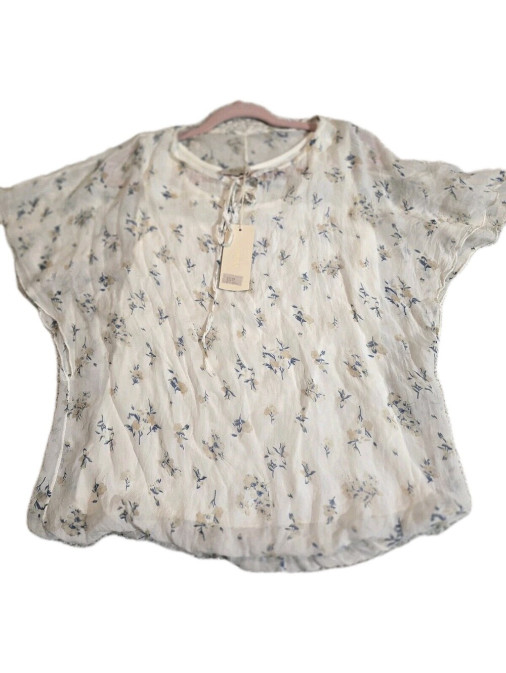 bellambra 100 Silk top W Viscose Lining Cream Blue Floral Print Sz M NWT Bubble